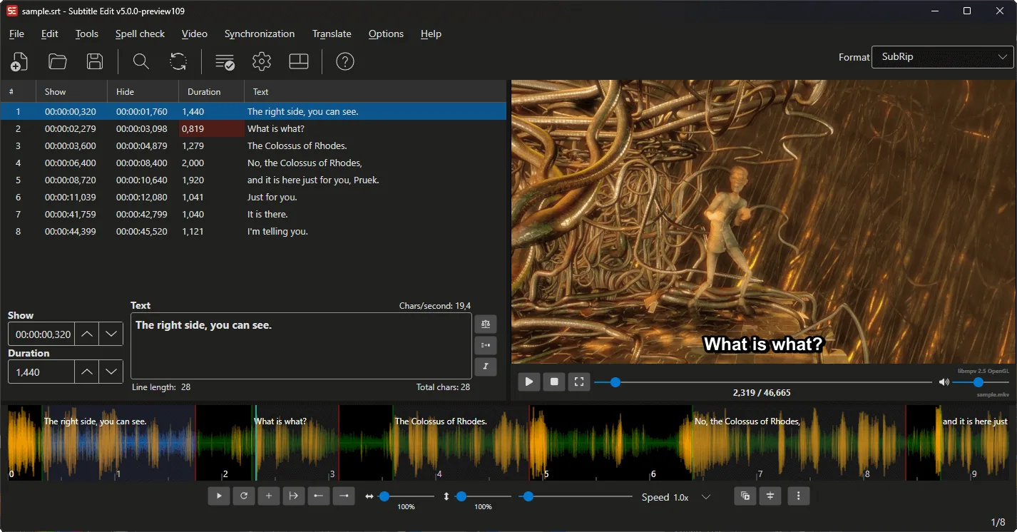 Publisher screenshot of Subtitle Edit v5.0.0-preview109 on Windows, with subtitle rows, video preview and audio waveform