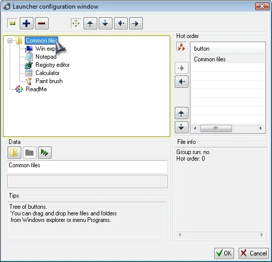 Sumka Launcher configuration window showing a tree of program buttons, Hot order list and button data controls