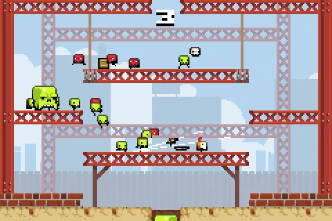 Super Crate Box gameplay showing a character, enemies and a weapon crate on red platforms beneath a score counter