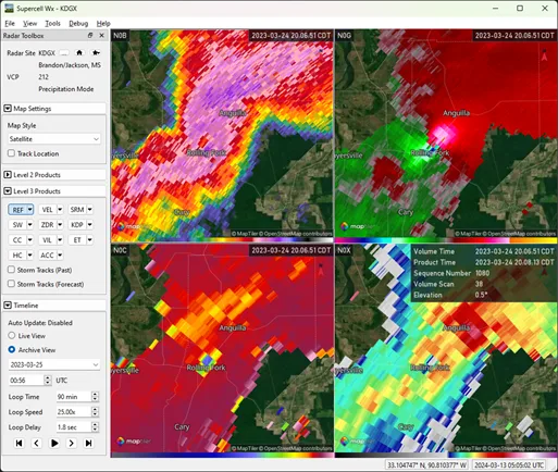 Supercell Wx on Windows with a Radar Toolbox, archive timeline and four radar product panes over satellite maps.
