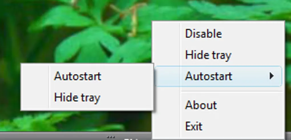 SuperF4 Windows tray menu with Disable, Hide tray, Autostart, About and Exit, plus the open Autostart submenu.