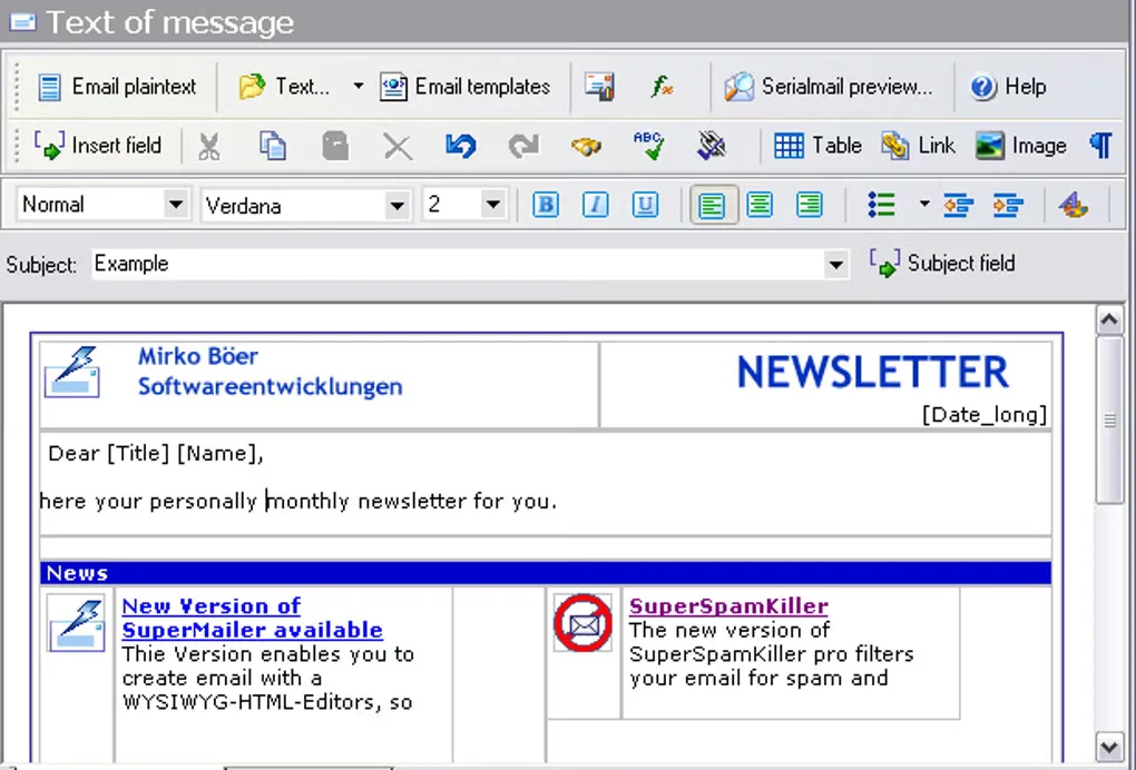 Historical SuperMailer English message editor with formatting tools, recipient placeholders and a sample HTML newsletter