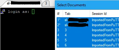 Historical SuperPuTTY 1.4.0.9 screenshot: PuTTY login prompt beside the Select Documents session list