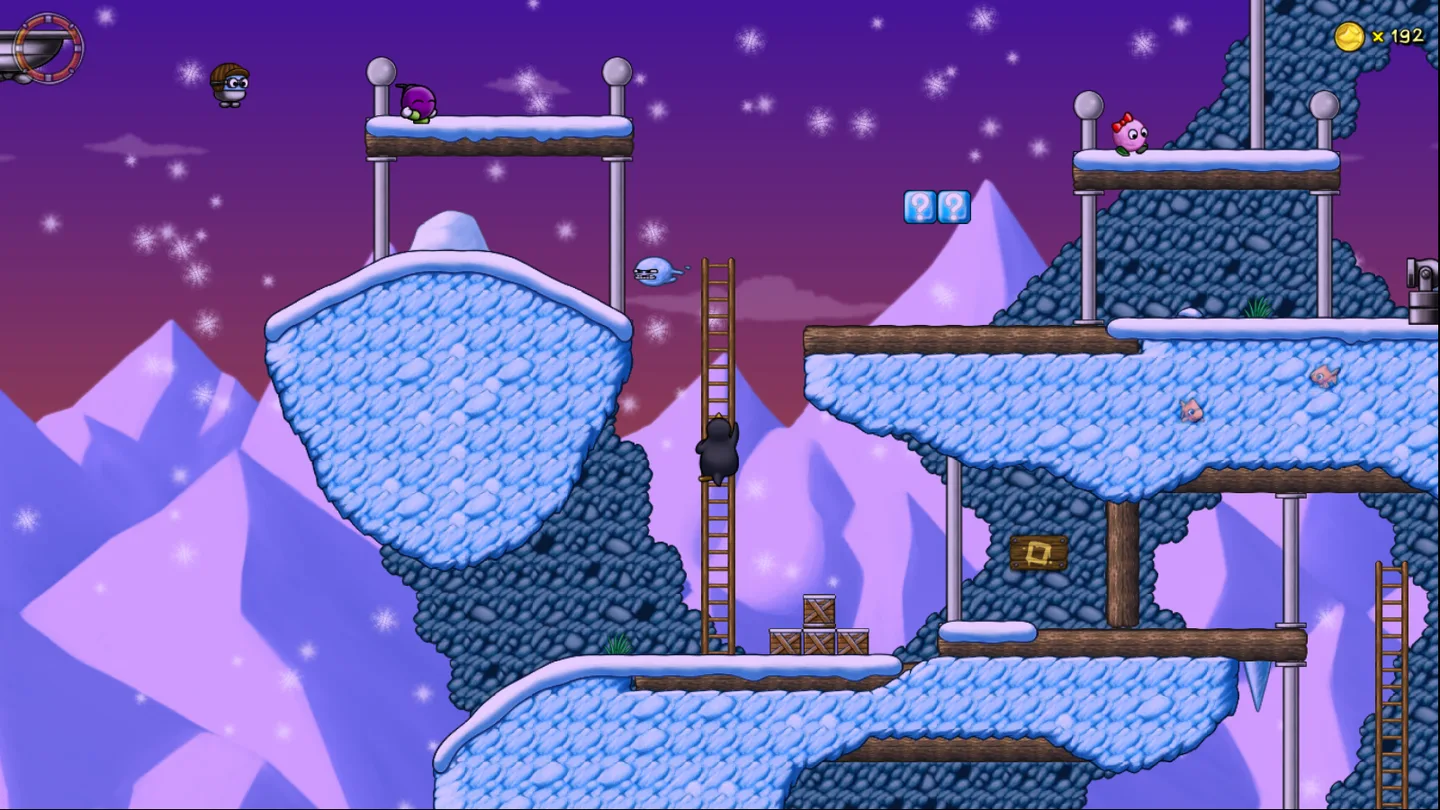 SuperTux gameplay with Tux climbing a ladder between snowy platforms, enemies, question blocks and a visible coin counter.