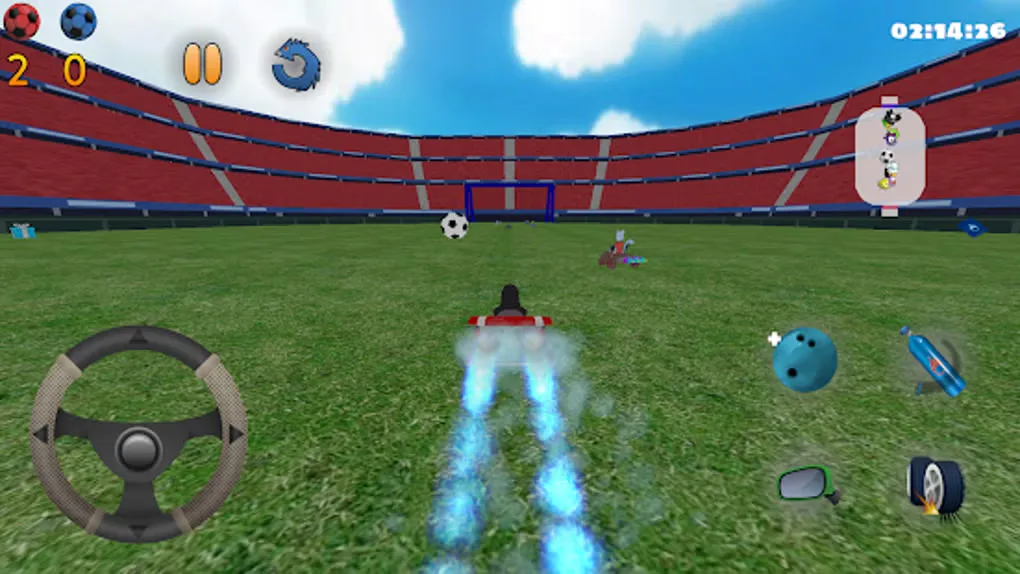 SuperTuxKart soccer gameplay on Android, with Tux using nitro and on-screen steering and action controls.