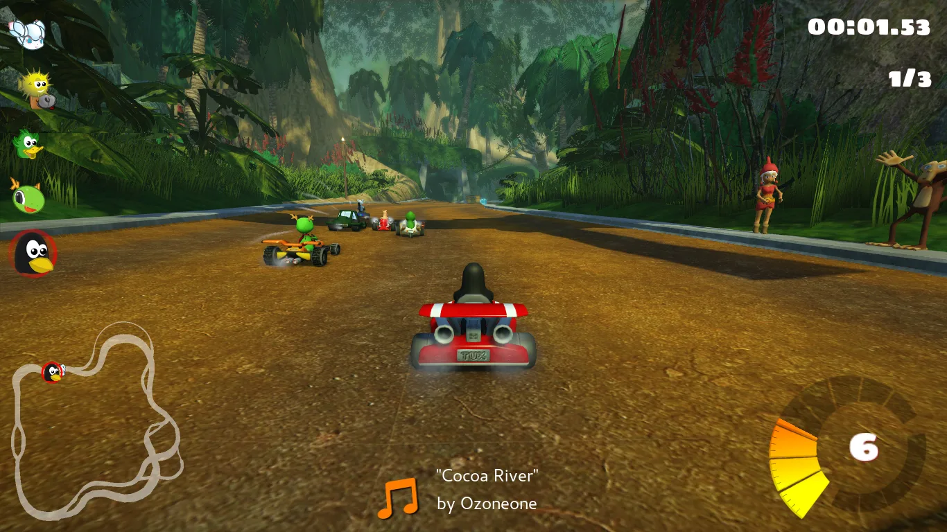 Historical SuperTuxKart screenshot (2018): Tux racing in Cocoa Temple with timer, lap counter, standings, minimap and speed gauge.