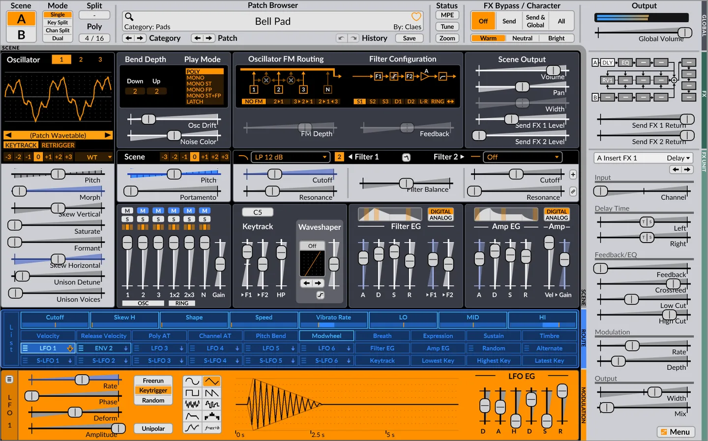 Surge XT Classic interface showing the Bell Pad patch, oscillator, filters, envelopes, effects and modulation controls