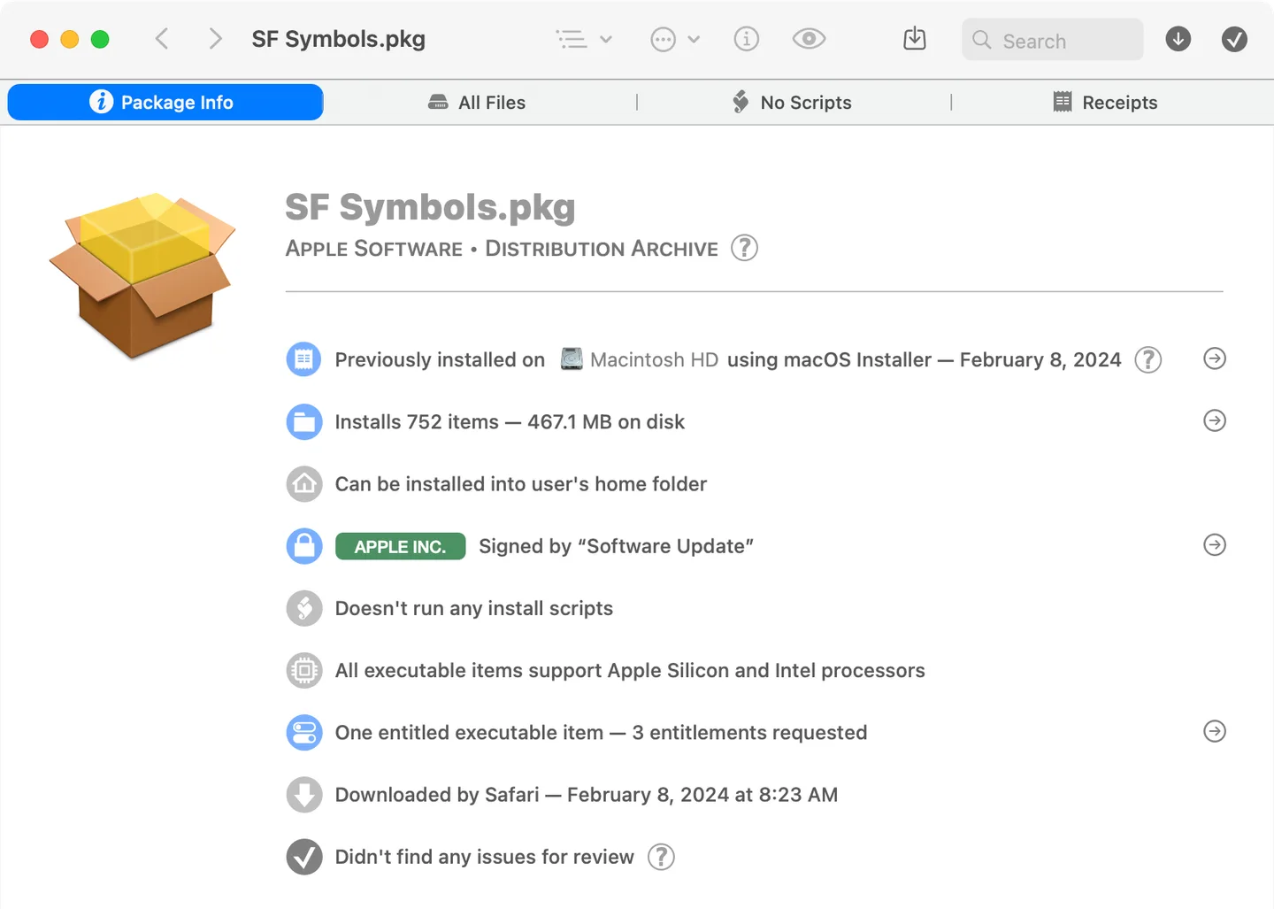 Suspicious Package Package Info tab showing the files, signing information and processor support of SF Symbols.pkg.