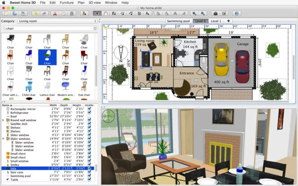 Sweet Home 3D on Mac showing a furniture catalog, a furnished 2D house plan and a 3D living-room preview