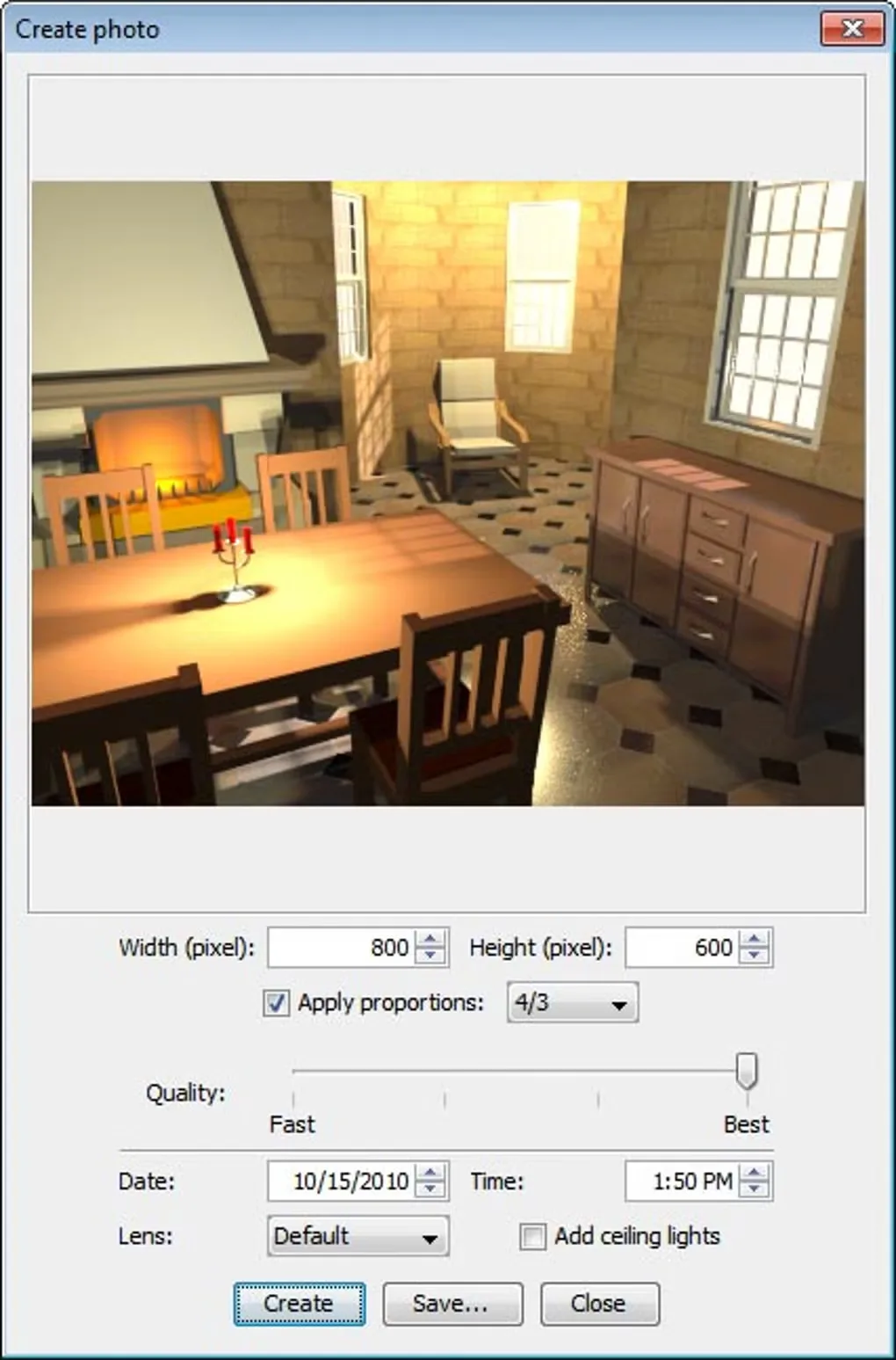 Historical Sweet Home 3D Windows Create photo dialog with a rendered dining room and image size, quality, date and lighting controls