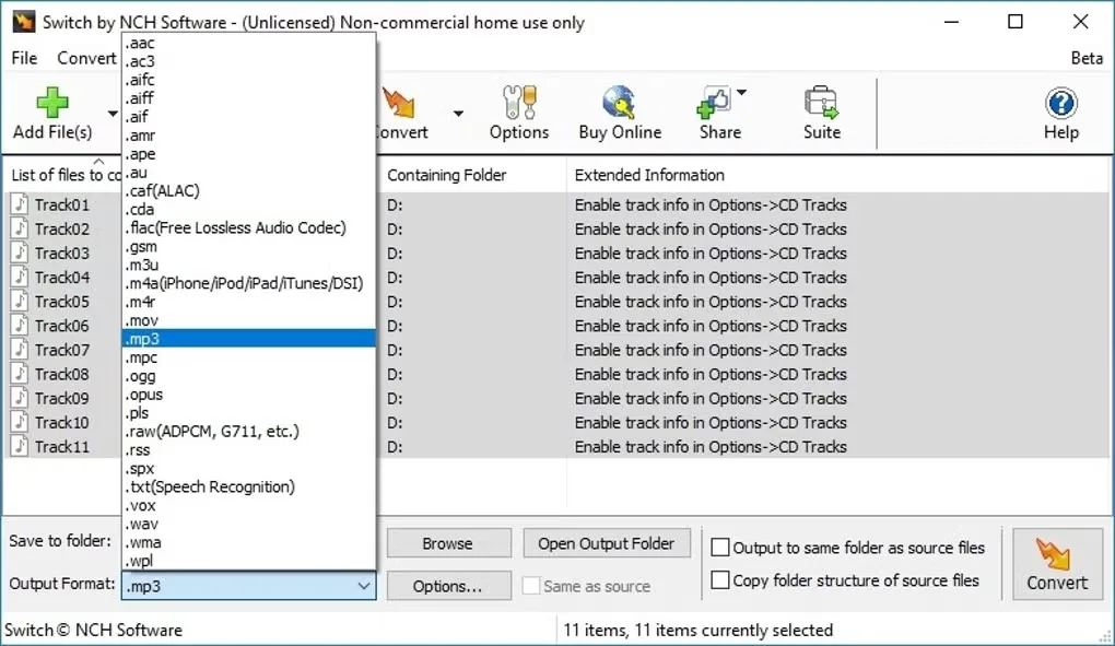 Switch for Windows with eleven audio tracks and the output-format menu open at MP3; source screenshot includes a Beta label.