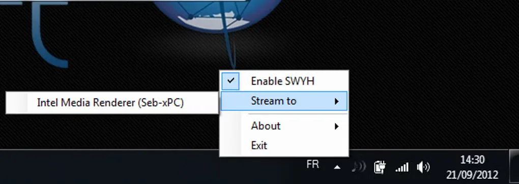 Historical SWYH Windows tray menu showing Enable SWYH, Stream to and a detected Intel Media Renderer.