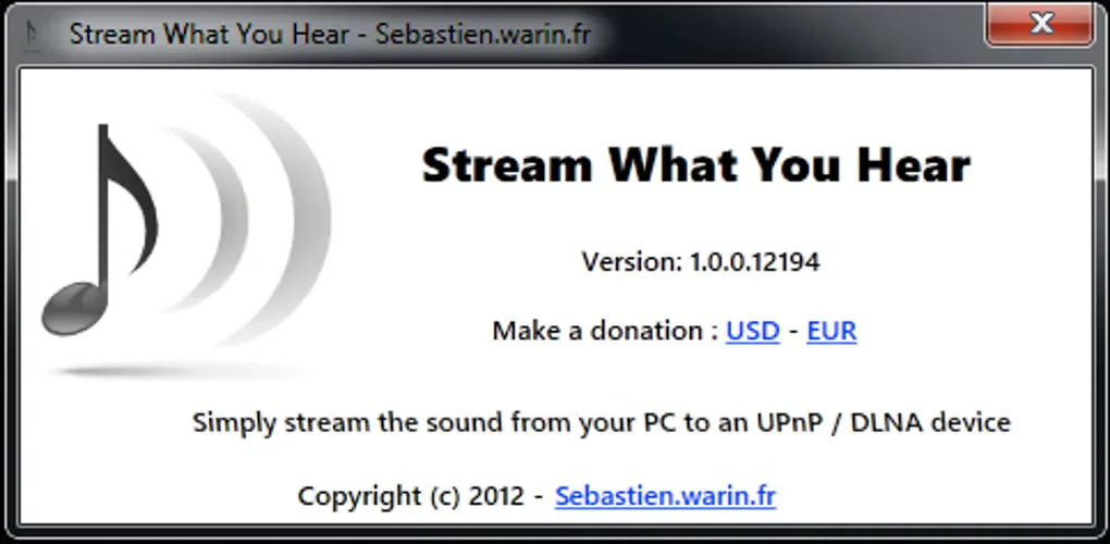 Historical Stream What You Hear About dialog displaying version 1.0.0.12194; not the linked 1.5.0 release.
