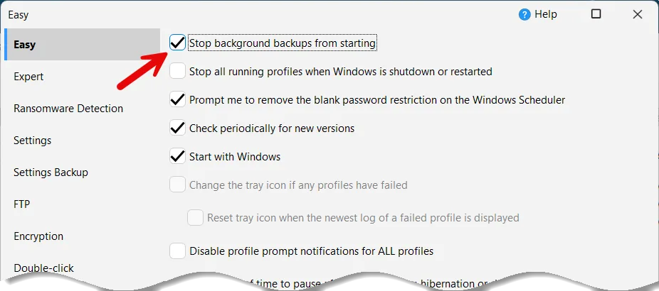 Shared SyncBack settings in the publisher's SyncBackSE guide, highlighting Stop background backups from starting; partial annotated view