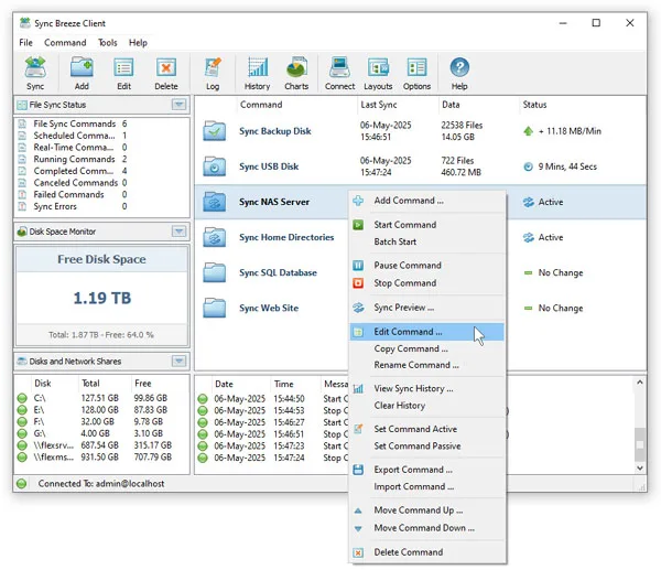 SyncBreeze client GUI showing synchronization commands, disk space monitoring and the command context menu