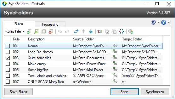 SyncFolders Rules tab showing synchronization rules, source folders, target folders and direction arrows