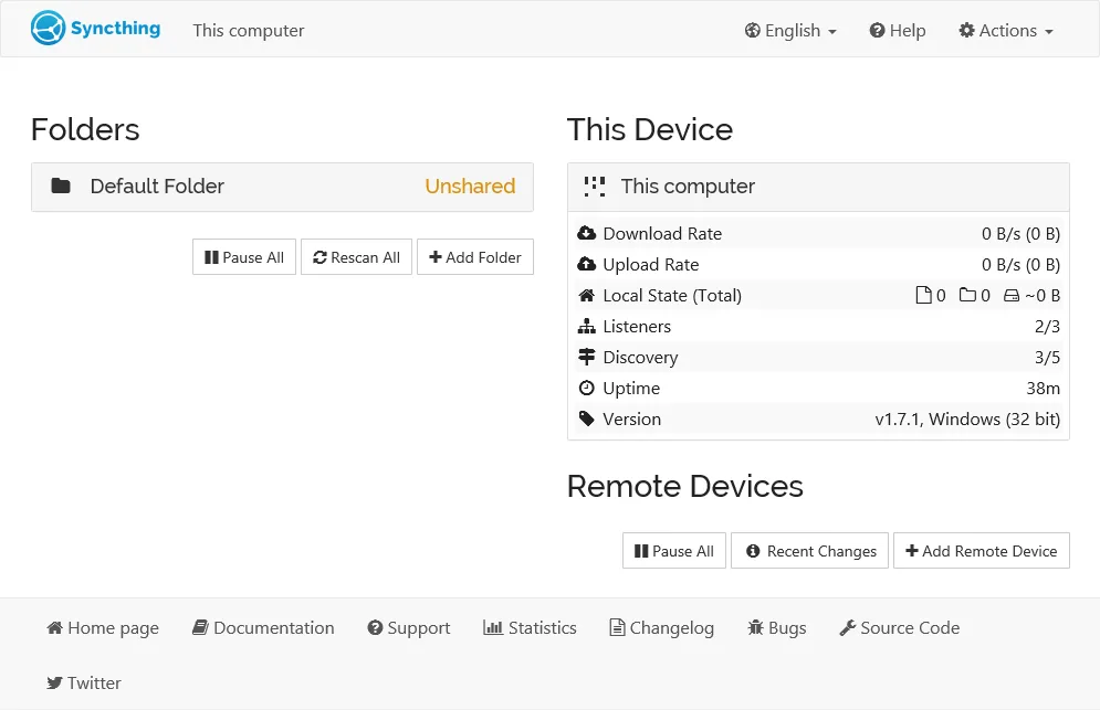 Historical Syncthing web interface showing Default Folder unshared and device status; official documentation example on Windows 1.7.1, not macOS