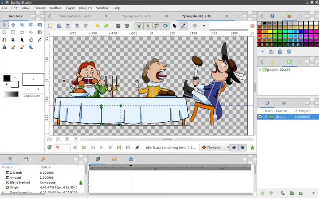 Synfig Studio workspace with cartoon characters, vector control points, toolbox, layer panels and animation timeline; illustrative source screenshot.