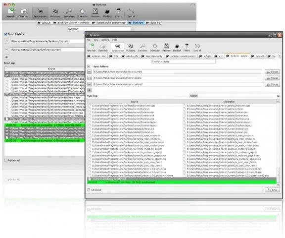 Publisher’s legacy Synkron multiplatform screenshot with an older Mac window behind another desktop synchronization window.