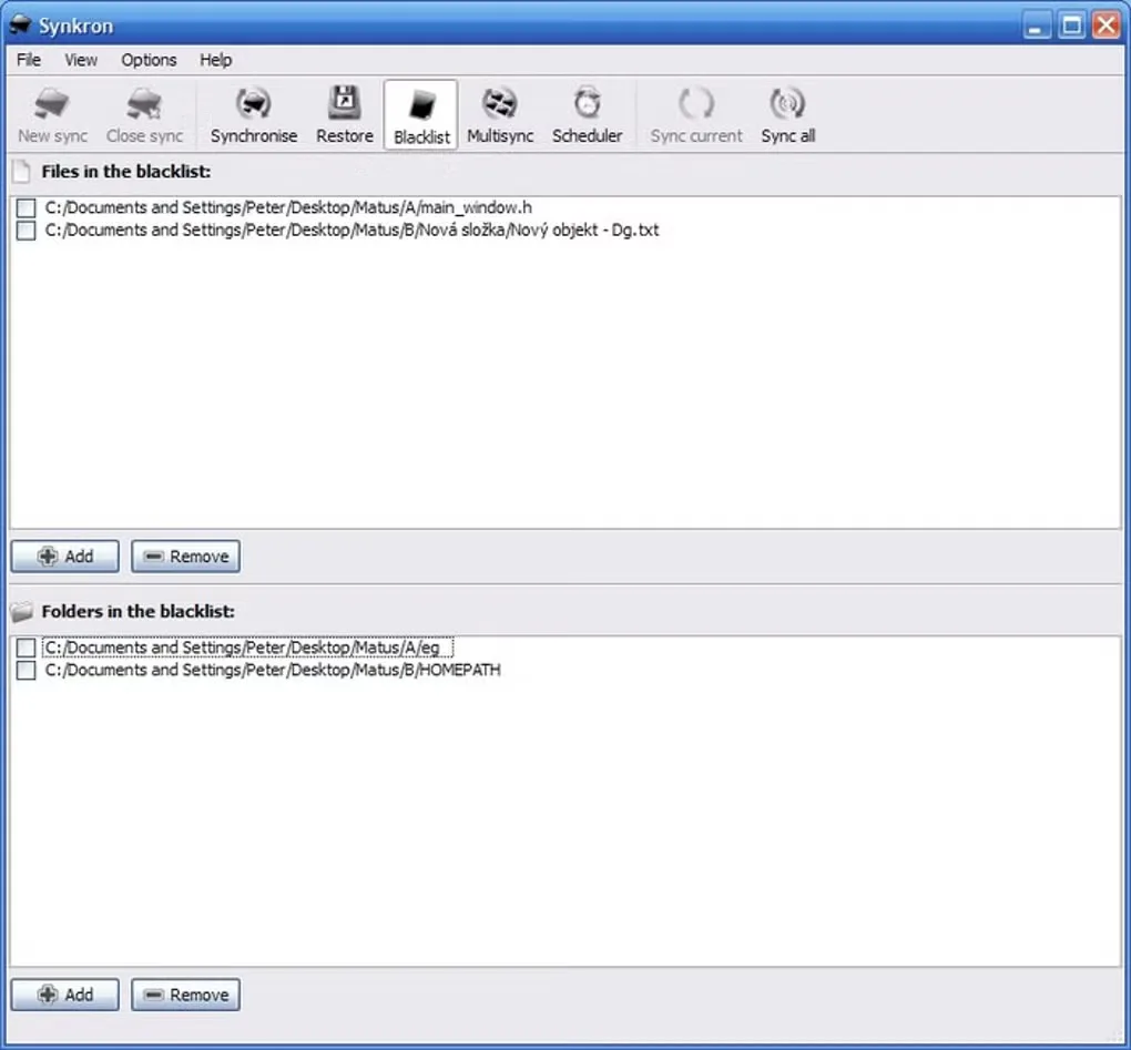 Synkron Blacklist window on Windows showing excluded files and folders with Add and Remove controls.