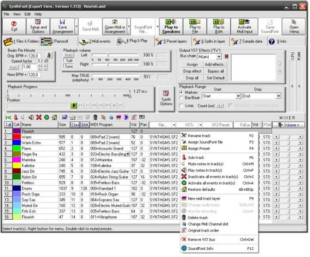 Older SynthFont1 Expert View showing MIDI tracks, instrument assignments, playback controls and the track context menu.