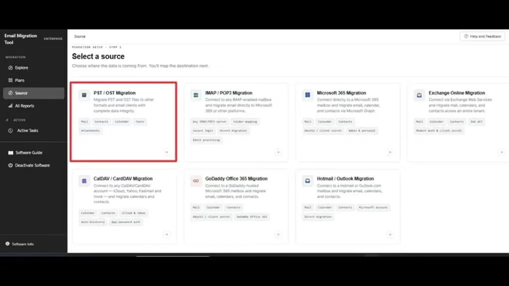 SysInfo Email Migration Tool source-selection screen with PST/OST, IMAP/POP3 and Microsoft 365 migration options.