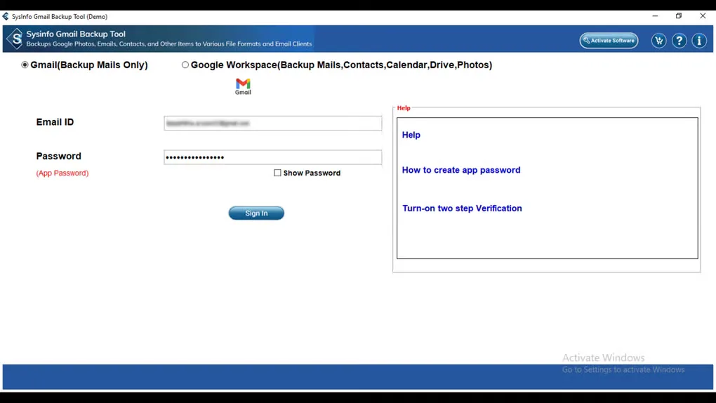 SysInfo Gmail Backup Tool demo showing Gmail sign-in, an app-password field and account setup help.