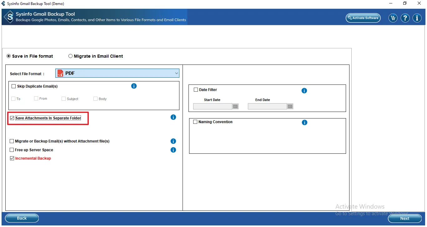 SysInfo Gmail Backup Tool demo with PDF selected and Save Attachments In Separate Folder enabled.