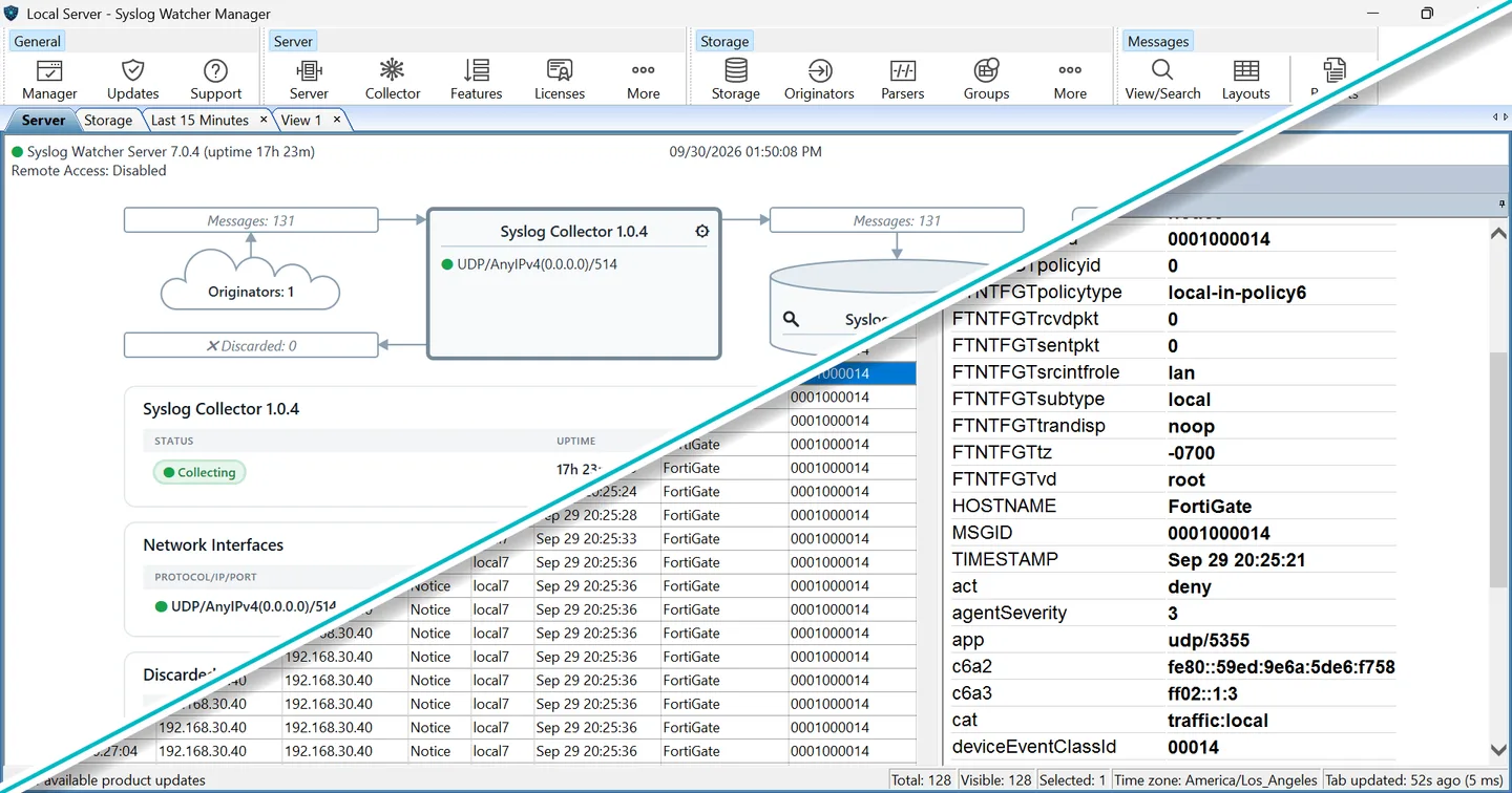 Publisher composite of Syslog Watcher Manager showing UDP 514 collection, FortiGate log rows and parsed message fields; server version 7.0.4 is visible.
