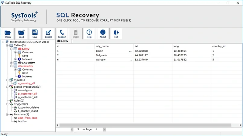 SysTools SQL Recovery showing a database-object tree and a preview of recovered city table rows