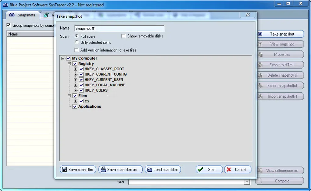 Historical SysTracer v2.2 Take snapshot dialog with registry, files and applications scan selections on Windows