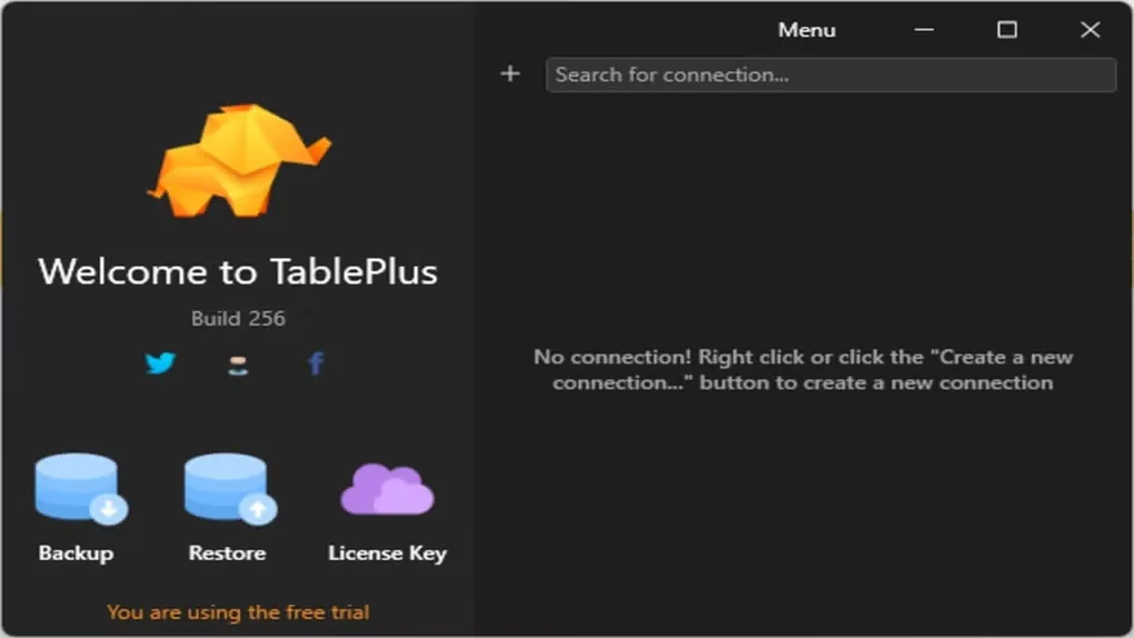 Older TablePlus Windows welcome screen, Build 256, with connection search and Backup, Restore and License Key controls