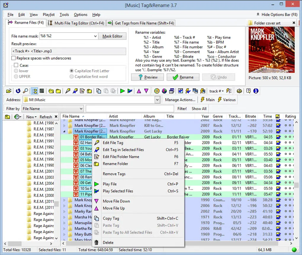 Tag&Rename 3.7 on Windows showing file-renaming controls, music tags and an open track context menu