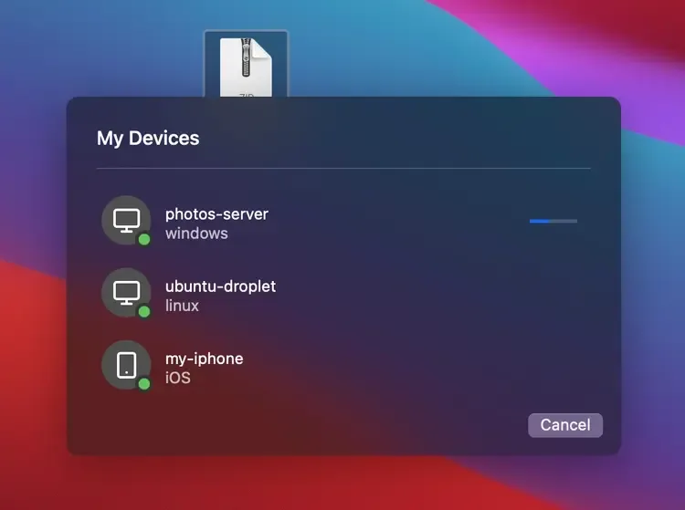 Tailscale Taildrop on macOS showing My Devices and a file transfer to photos-server.
