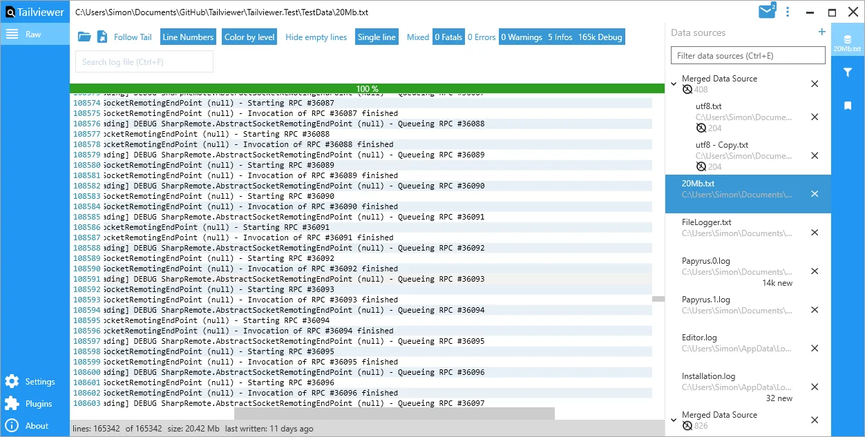 Tailviewer showing numbered log entries, search and log-level controls, and a right-hand list of data sources.