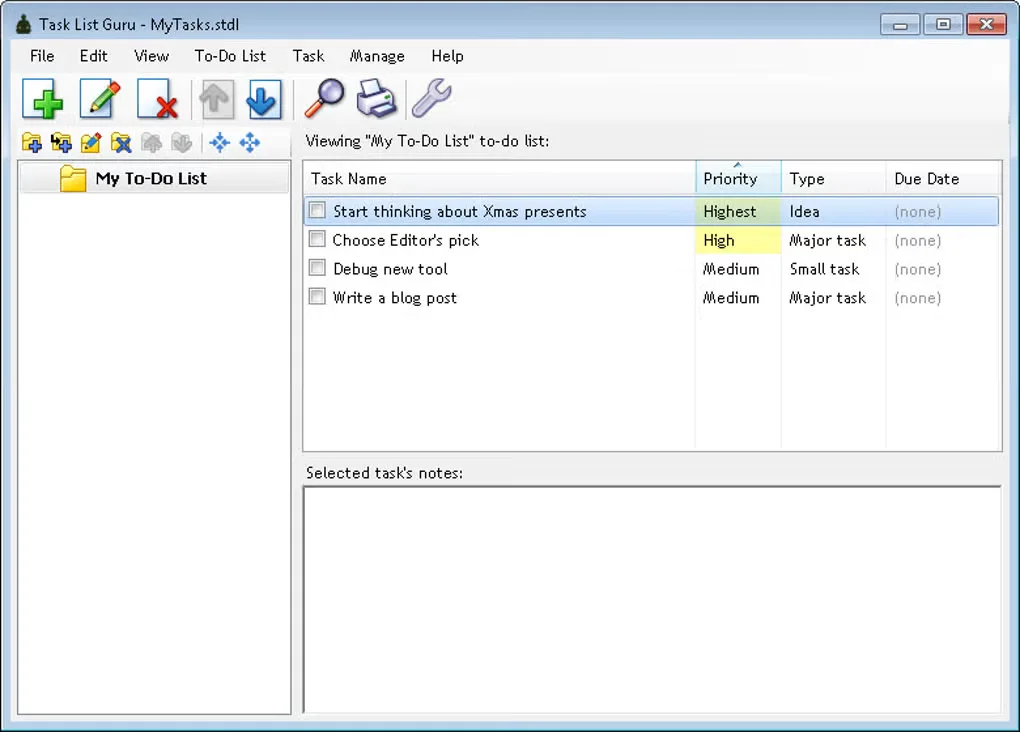 Task List Guru Windows interface with My To-Do List, task priority and type columns, and a notes pane.