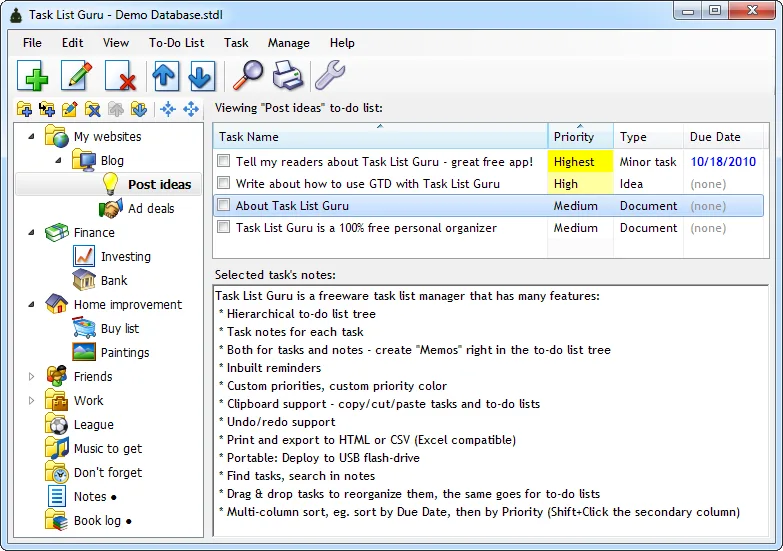 Task List Guru demo database showing a list tree, task priorities, due dates and task notes.