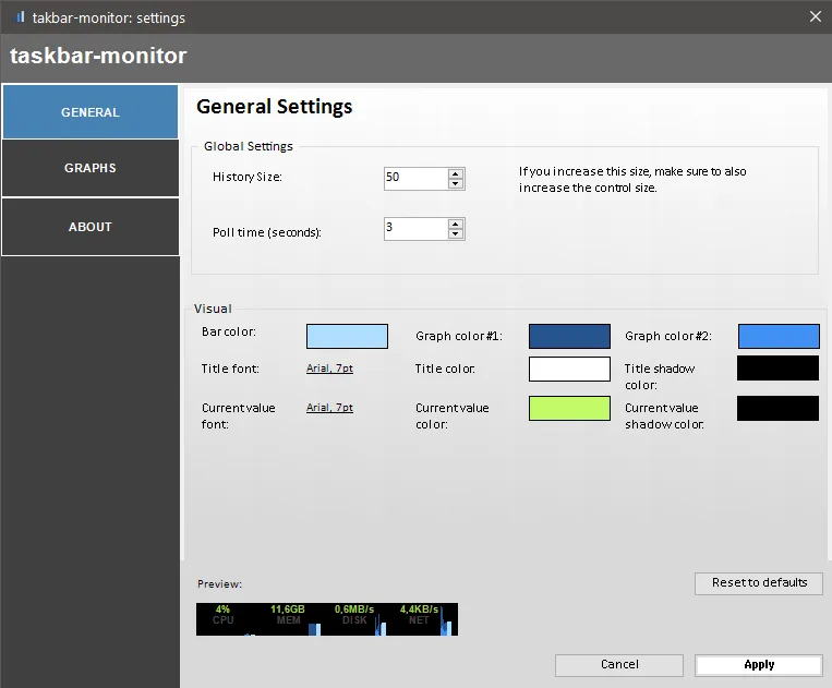 Taskbar Monitor General settings with history size, polling interval, graph colors, fonts and a taskbar preview.