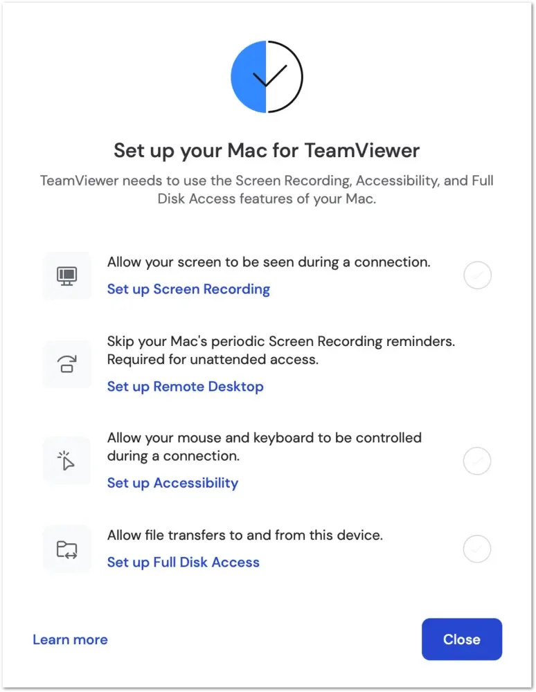 TeamViewer Mac setup dialog with Screen Recording, Remote Desktop, Accessibility, and Full Disk Access controls