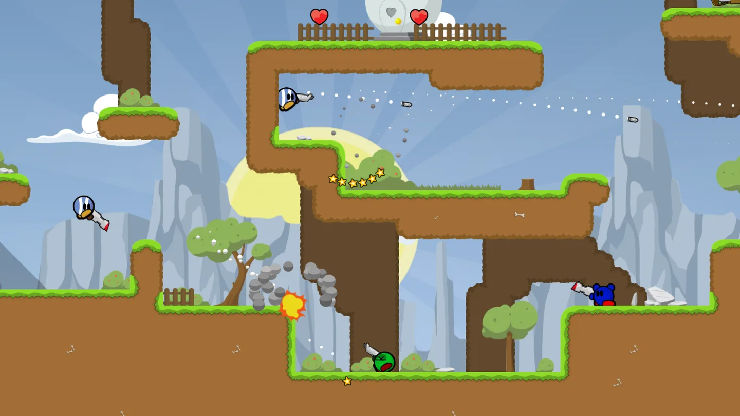 Teeworlds publisher gameplay screenshot with armed characters fighting across a grassy 2D arena