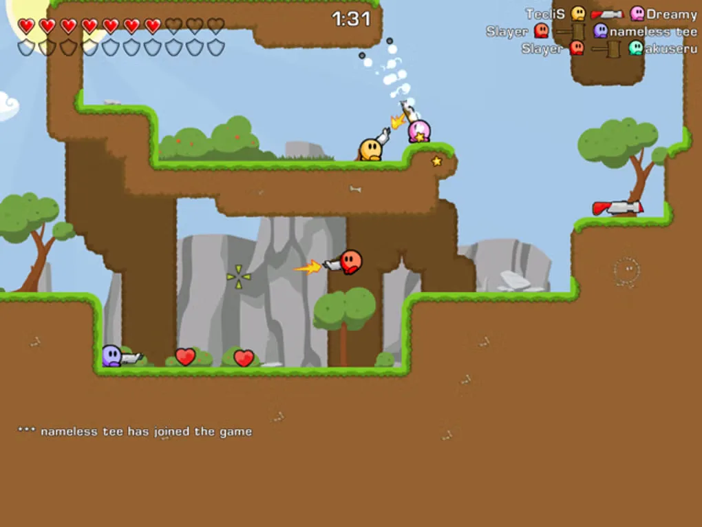 Historical Teeworlds Windows gallery screenshot showing arena combat, health and armor, timer, kill feed and chat