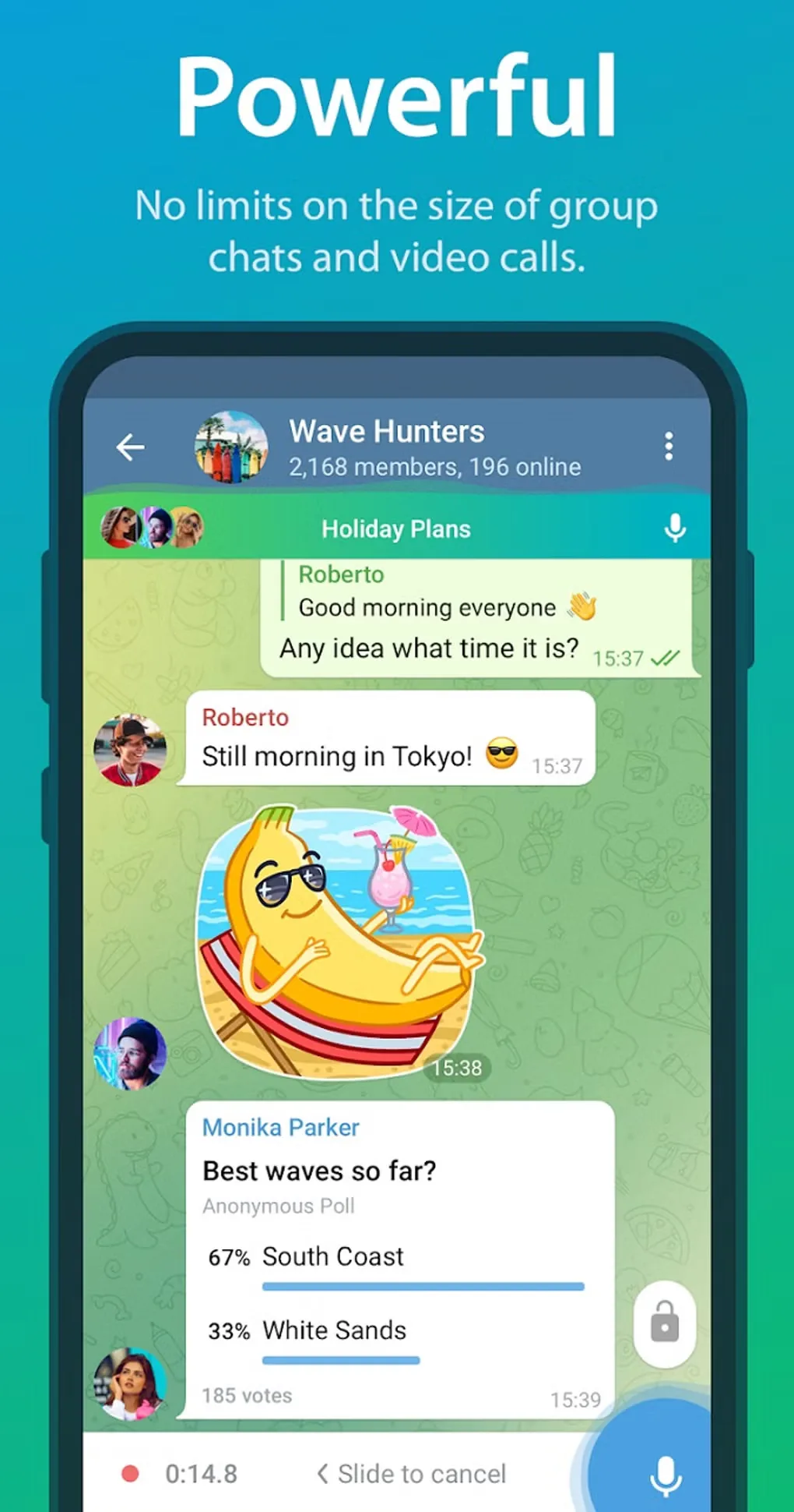 Telegram Android gallery image showing a group conversation, stickers, a poll and voice-message recording controls in a promotional frame.