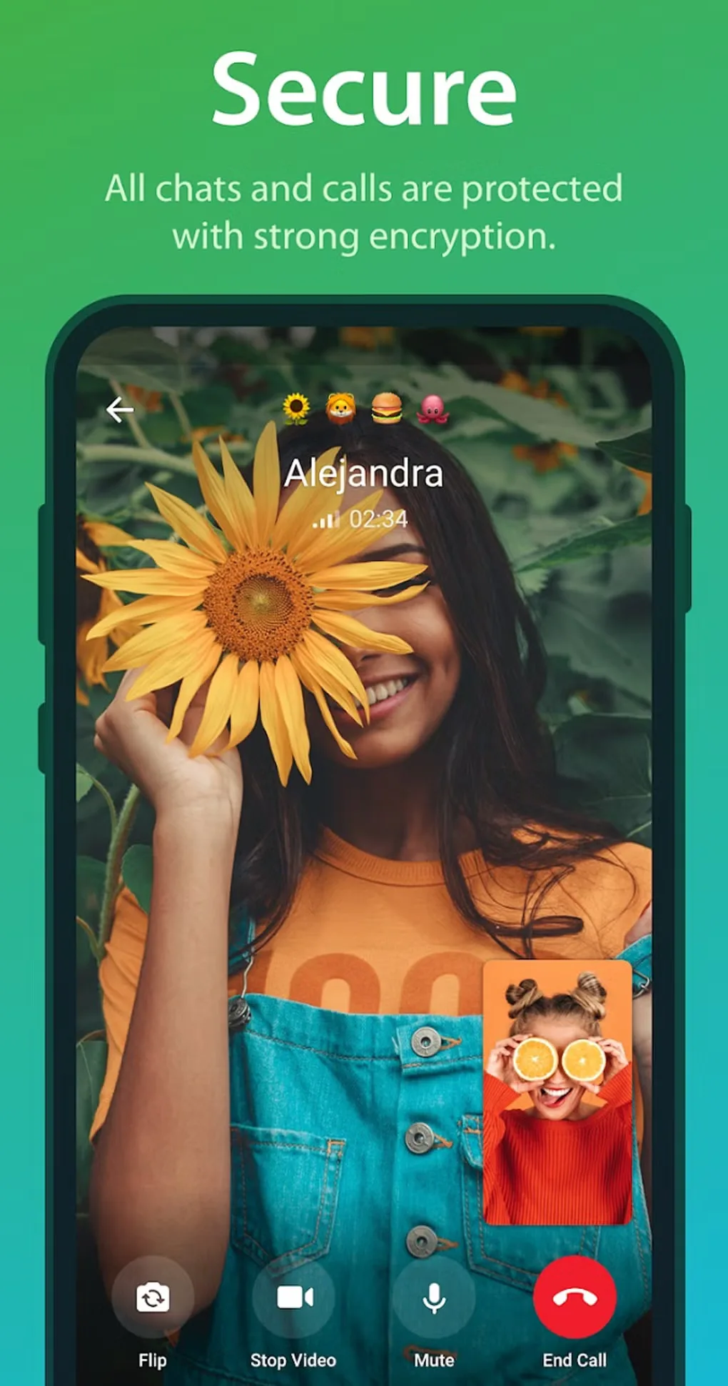 Telegram Android promotional gallery image showing a video call with camera flip, stop video, mute and end call controls.