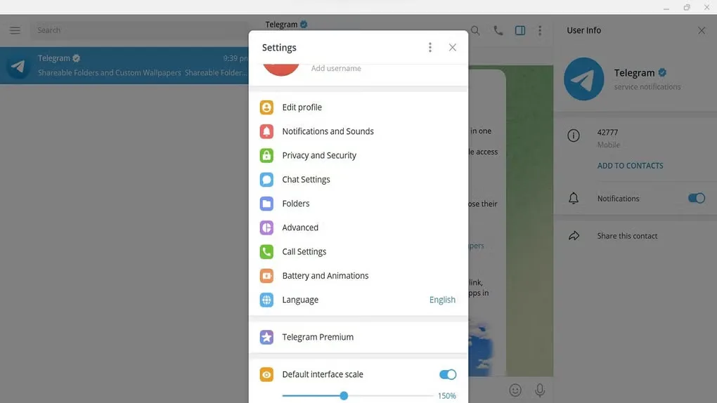 Telegram Desktop Settings panel over the chat list, conversation and User Info pane on Windows