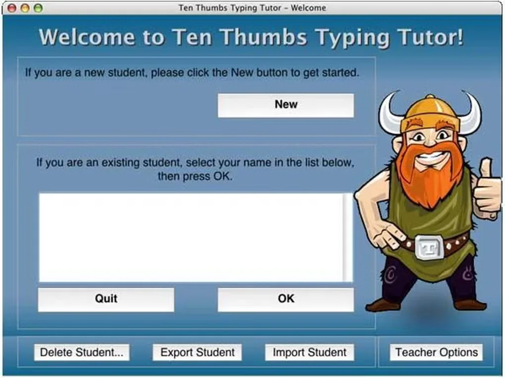 Ten Thumbs Typing Tutor Mac welcome screen with student selection and teacher controls in the source gallery