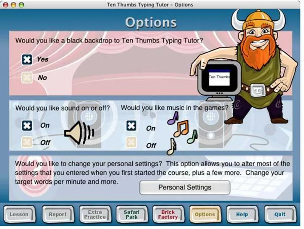 Ten Thumbs Typing Tutor Mac options window with sound, game music and personal settings controls