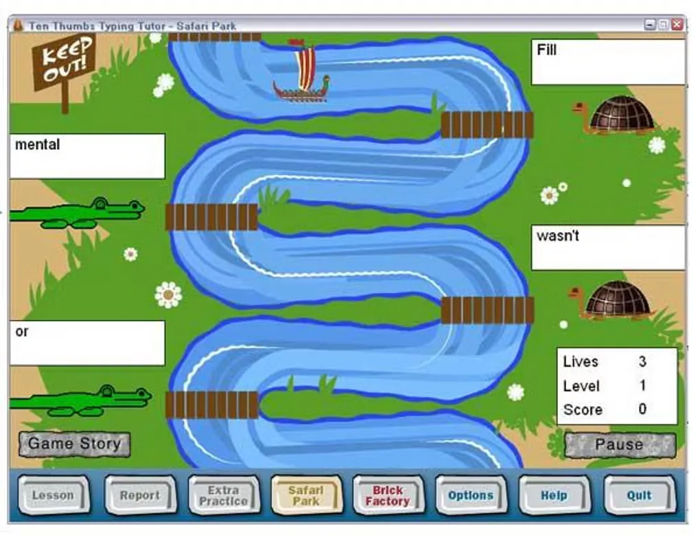 Ten Thumbs Typing Tutor Safari Park game in an older Windows window, with word prompts, lives and score, and lesson and practice navigation