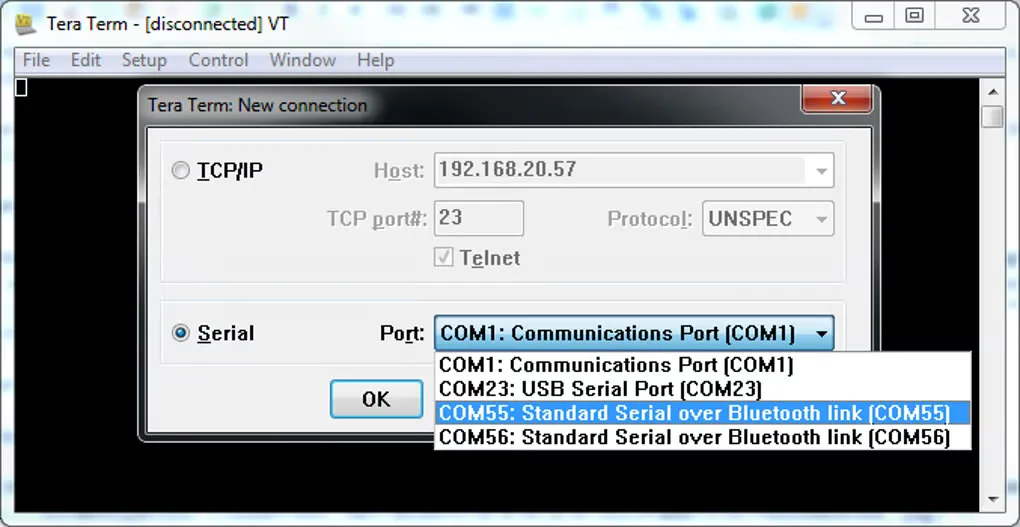Tera Term New connection dialog with Serial selected and the COM-port list expanded; older Windows styling.