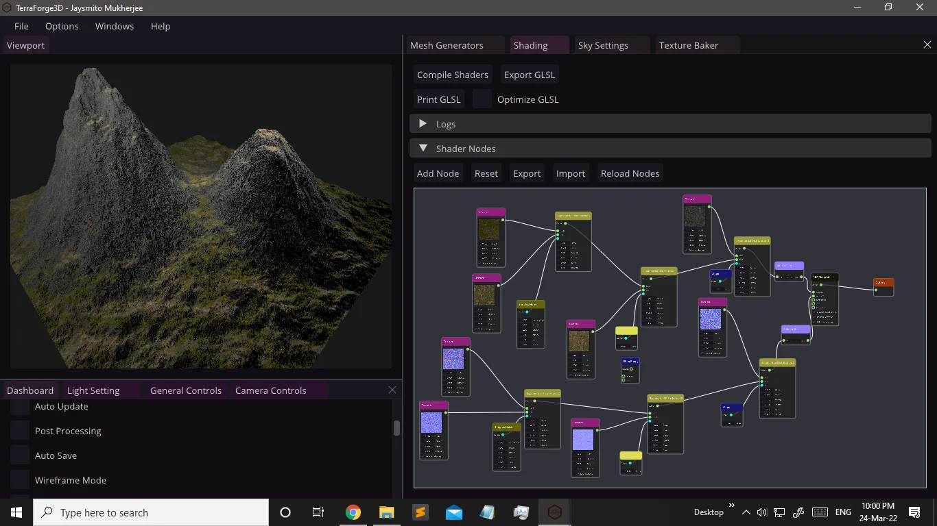 TerraForge3D on Windows with a textured mountain viewport and connected shader nodes in the Shading panel