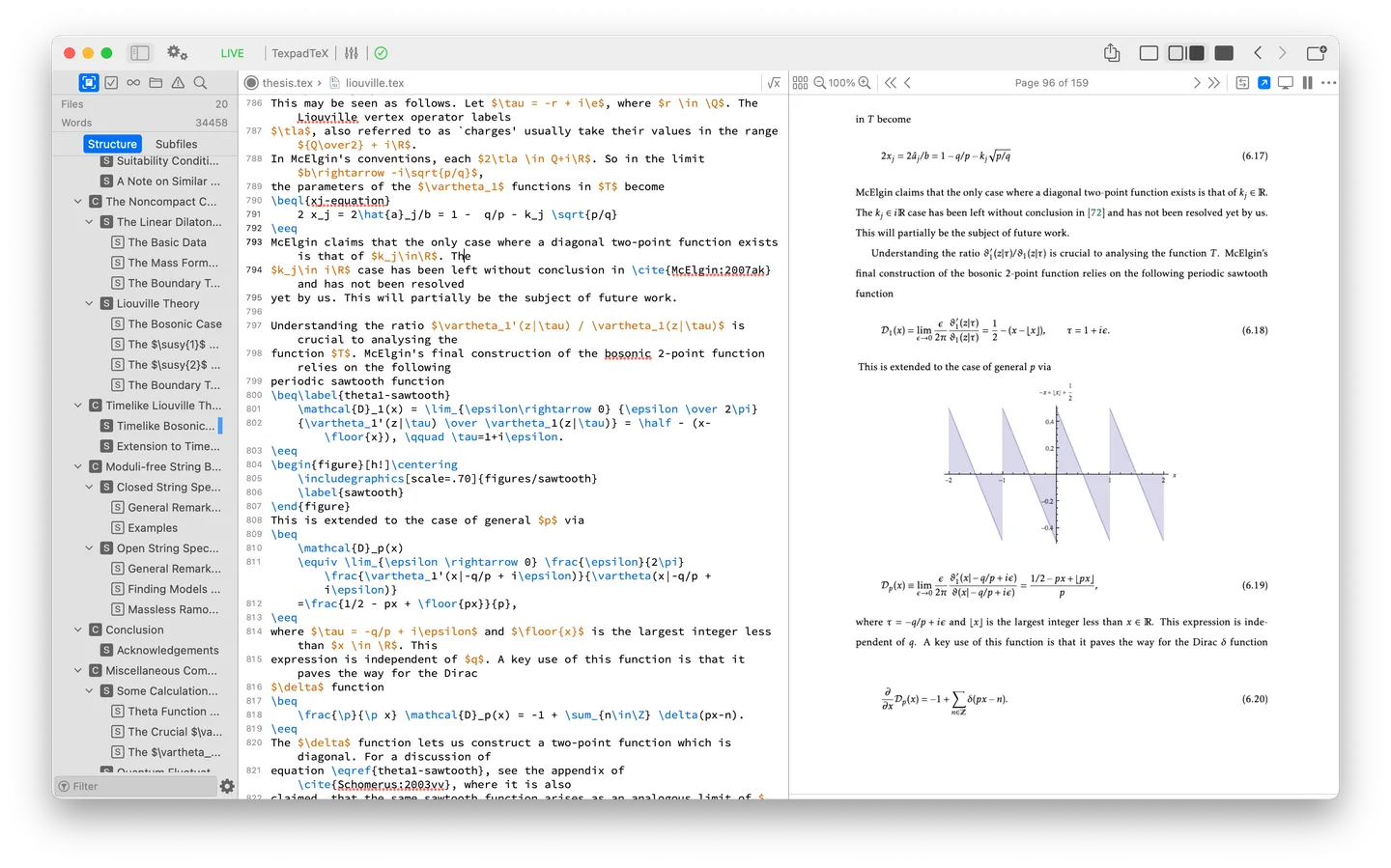 Texifier on macOS showing a document outline, highlighted LaTeX source and a PDF preview with equations and a graph